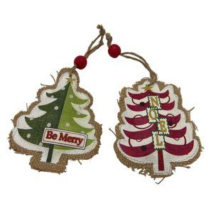 Burlap Christmas Tree Ornaments Be Merry & Noel Red Green 5.5" Xmas Decor